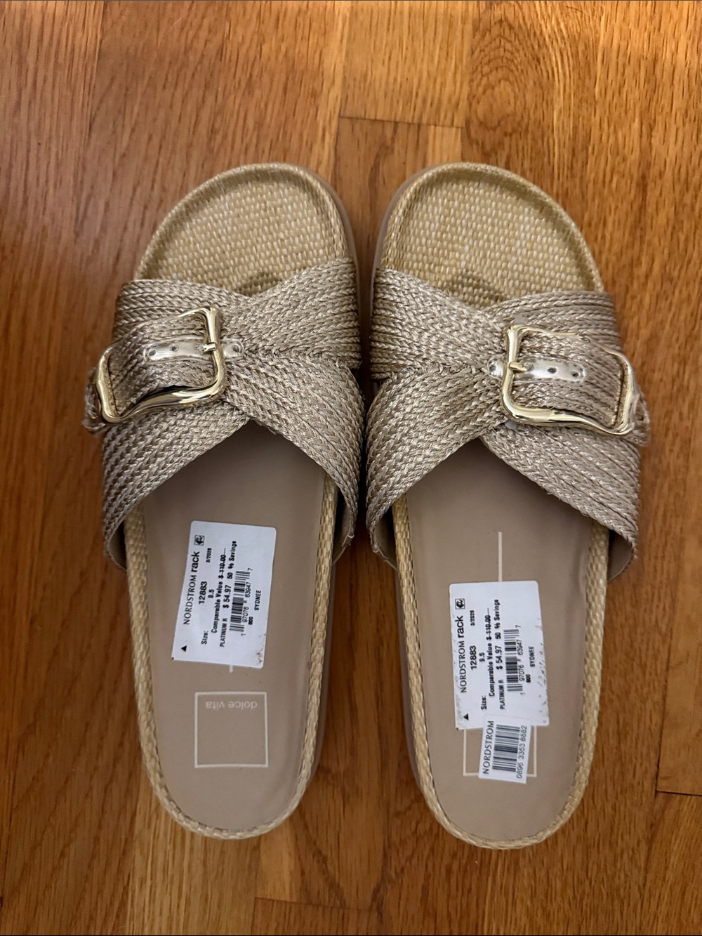 Nordstrom Metallic Beige Braided Slide Mules with Gold Buckle